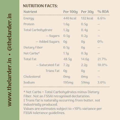 Nutrition facts label for a food product with details on energy, protein, carbohydrates, fats, and sodium per 100g and 30g.