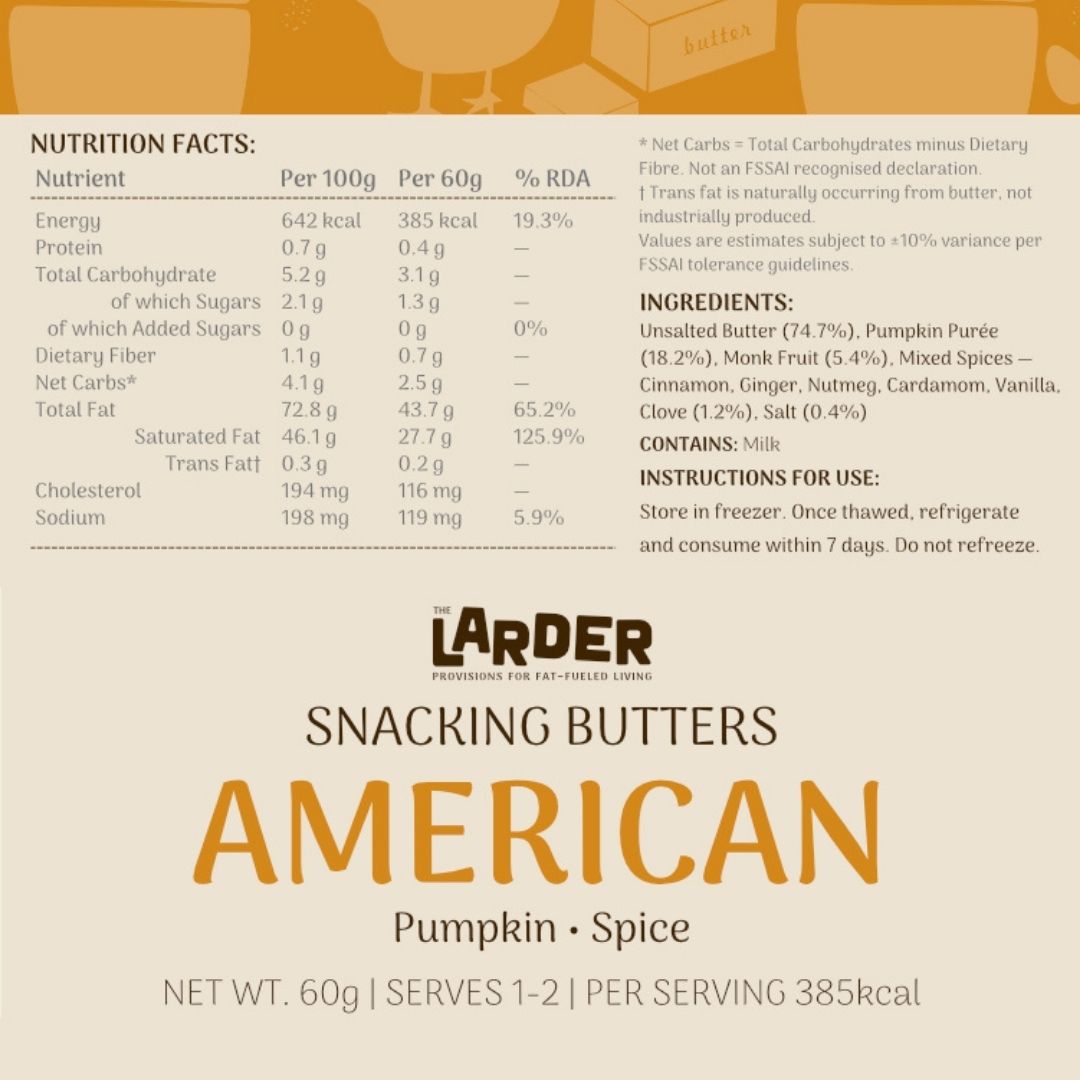 Nutrition facts label for Larder Snacking Butters American Pumpkin Spice on a beige background.