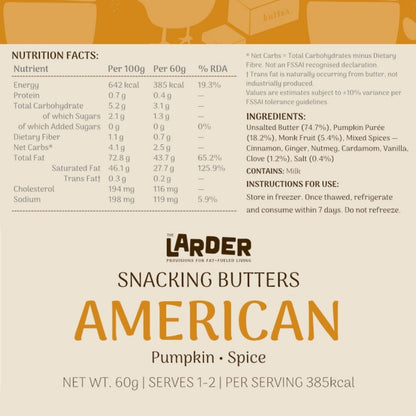Nutrition facts label for Larder Snacking Butters American Pumpkin Spice on a beige background.