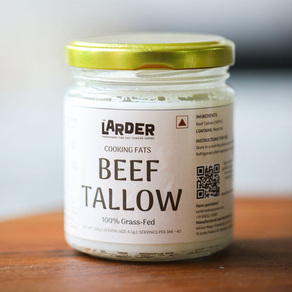 Grass-fed beef tallow in a jar — pure keto cooking fat, no seed oils, no additives, made in Bangalore by The Larder