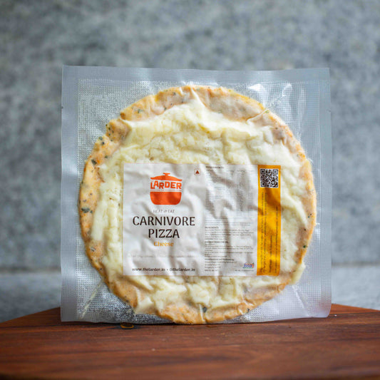 Grain-free carnivore cheese pizza — keto-friendly, no flour, no seed oils, made in Bangalore by The Larder
