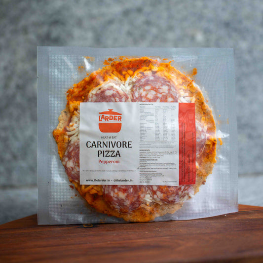 Grain-free carnivore pepperoni pizza — keto-friendly, no flour, no seed oils, made in Bangalore by The Larder