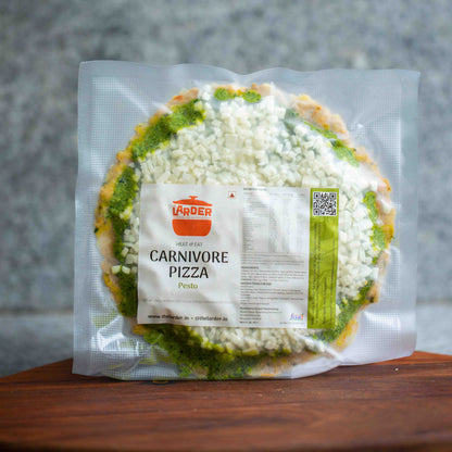 Grain-free carnivore pizza with pesto — keto-friendly, no flour, no seed oils, made in Bangalore by The Larder