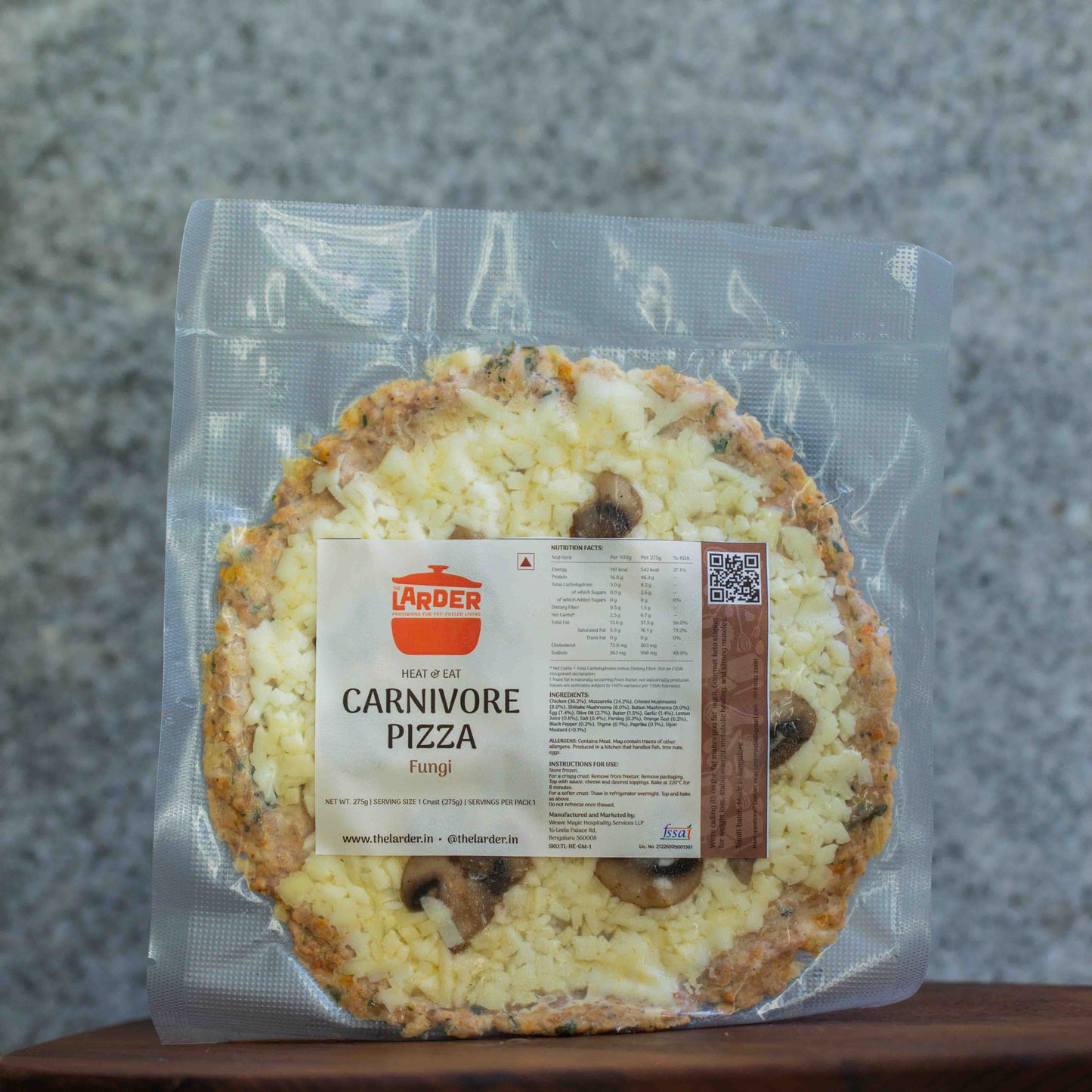 Grain-free carnivore keto pizza with fungi — keto-friendly, no flour, no seed oils, made in Bangalore by The Larder