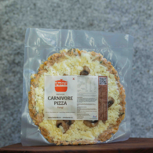 Grain-free carnivore keto pizza with fungi — keto-friendly, no flour, no seed oils, made in Bangalore by The Larder