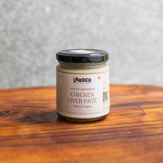 A glass jar with chicken liven pate made at the Larder in Bangalore