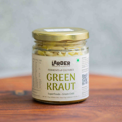 Green sauerkraut with cauliflower, amla, matcha, moringa and green chilli — fermented superfood kraut, keto-friendly, made in Bangalore by The Larder