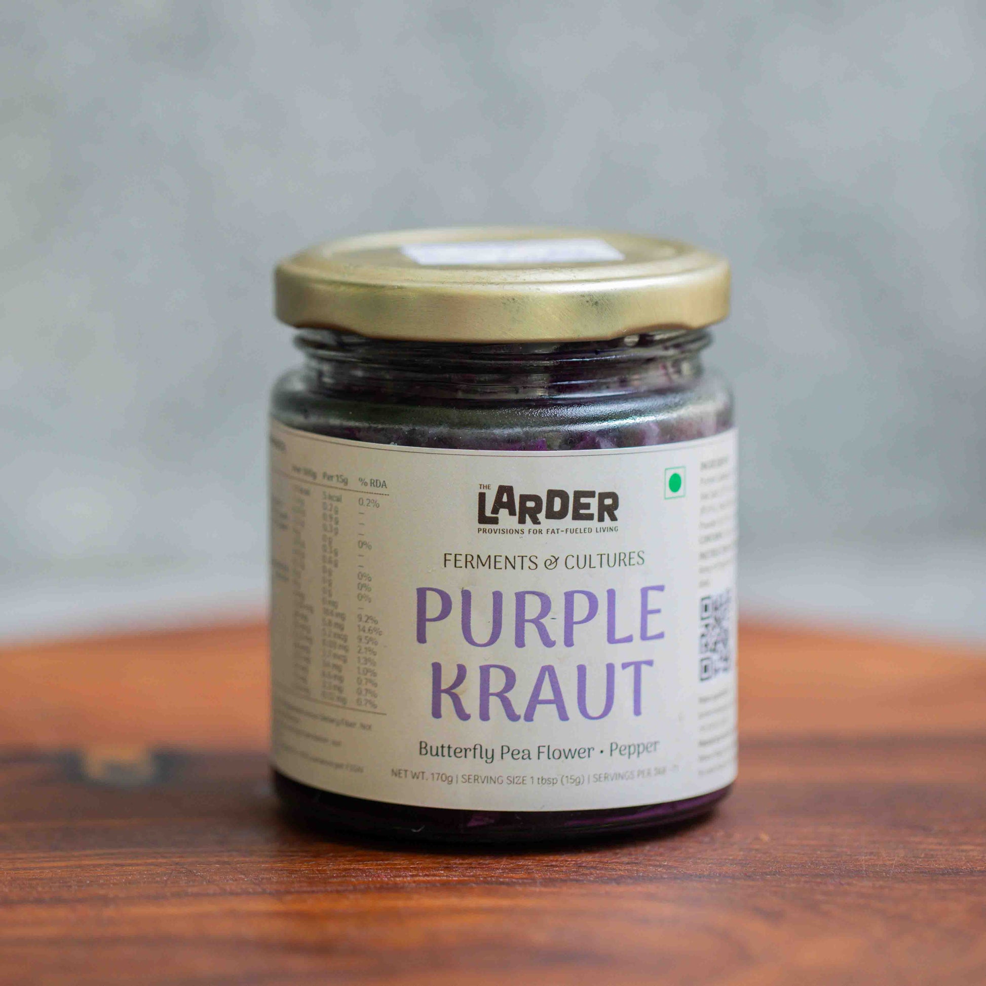 Purple sauerkraut with butterfly pea flower and pepper — live fermented, keto-friendly, small batch, made in Bangalore by The Larder