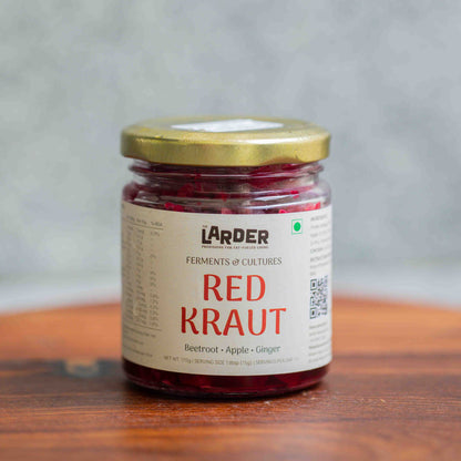 Red sauerkraut with beetroot, apple and ginger — live fermented, probiotic, keto-friendly, made in Bangalore by The Larder