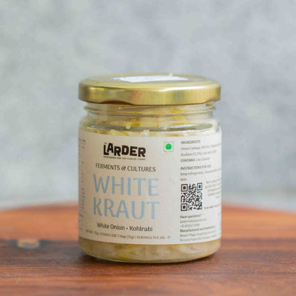 White sauerkraut with white onion, cabbage and kohlrabi —lacto-fermented and keto-friendly, made in Bangalore by The Larder